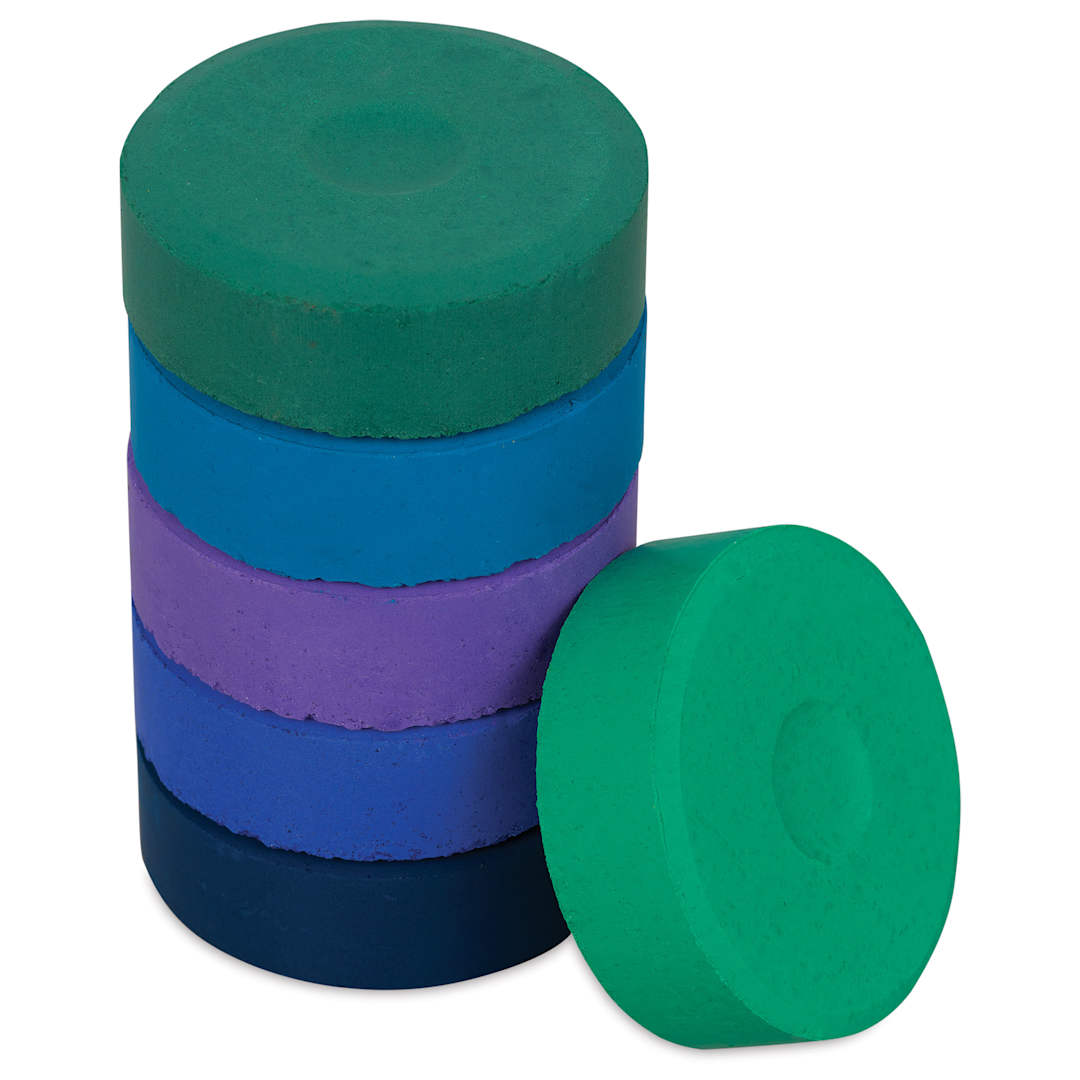 Open in modal - Blick Essentials Tempera Cakes - Set of 6, Large, Cool Colors, stack of cakes with one on the side
