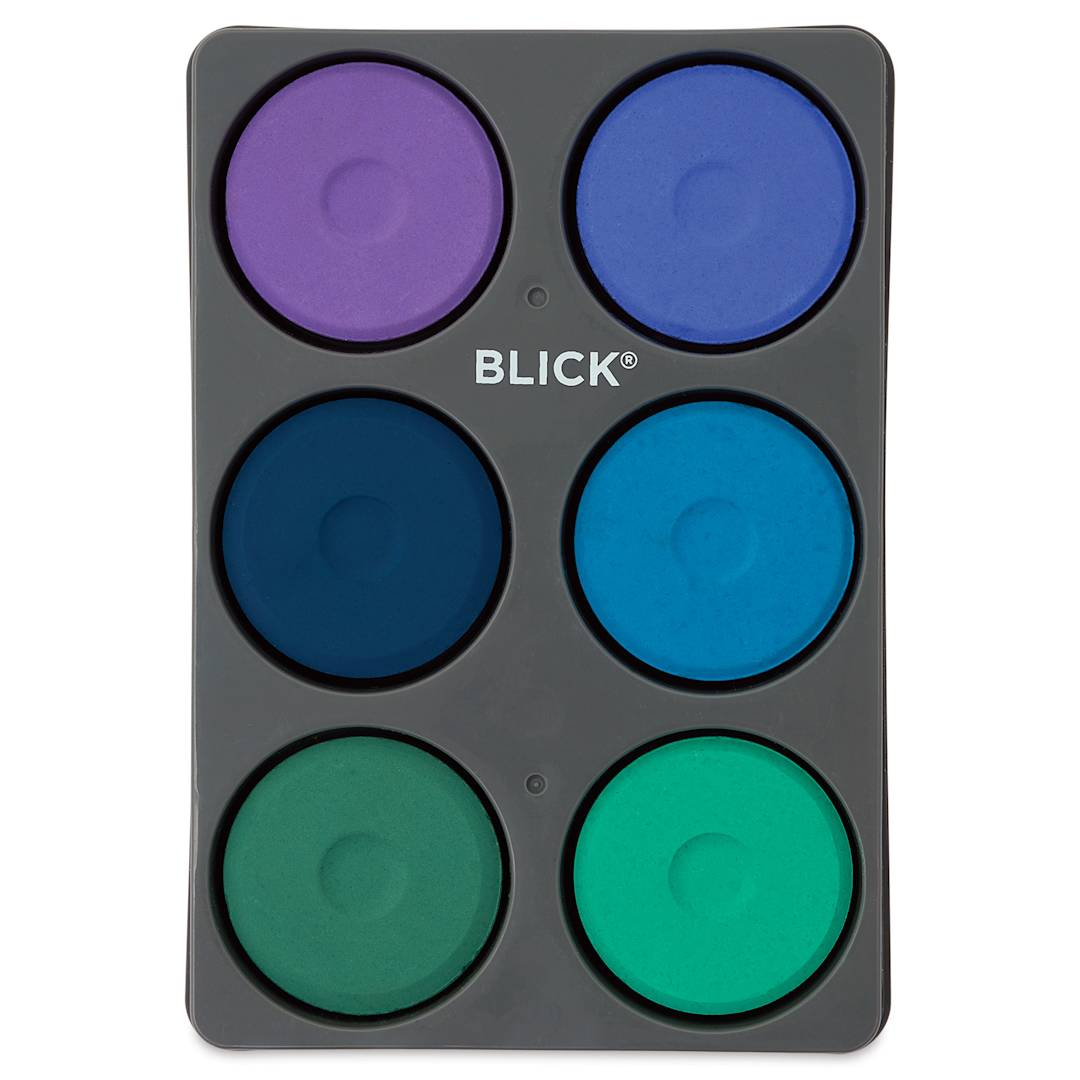 Open in modal - Blick Essentials Tempera Cakes - Set of 6 with Tray, Large, Cool Colors