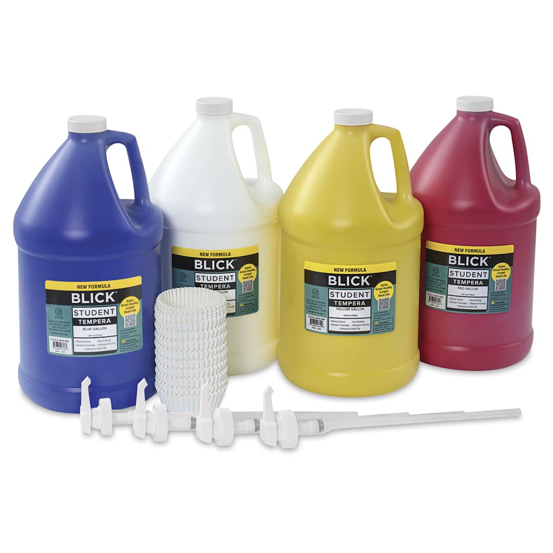Open in modal - Blick Student Tempera Paints - Set of 4, Pump Kit, Basic Colors, Gallon, kit contents