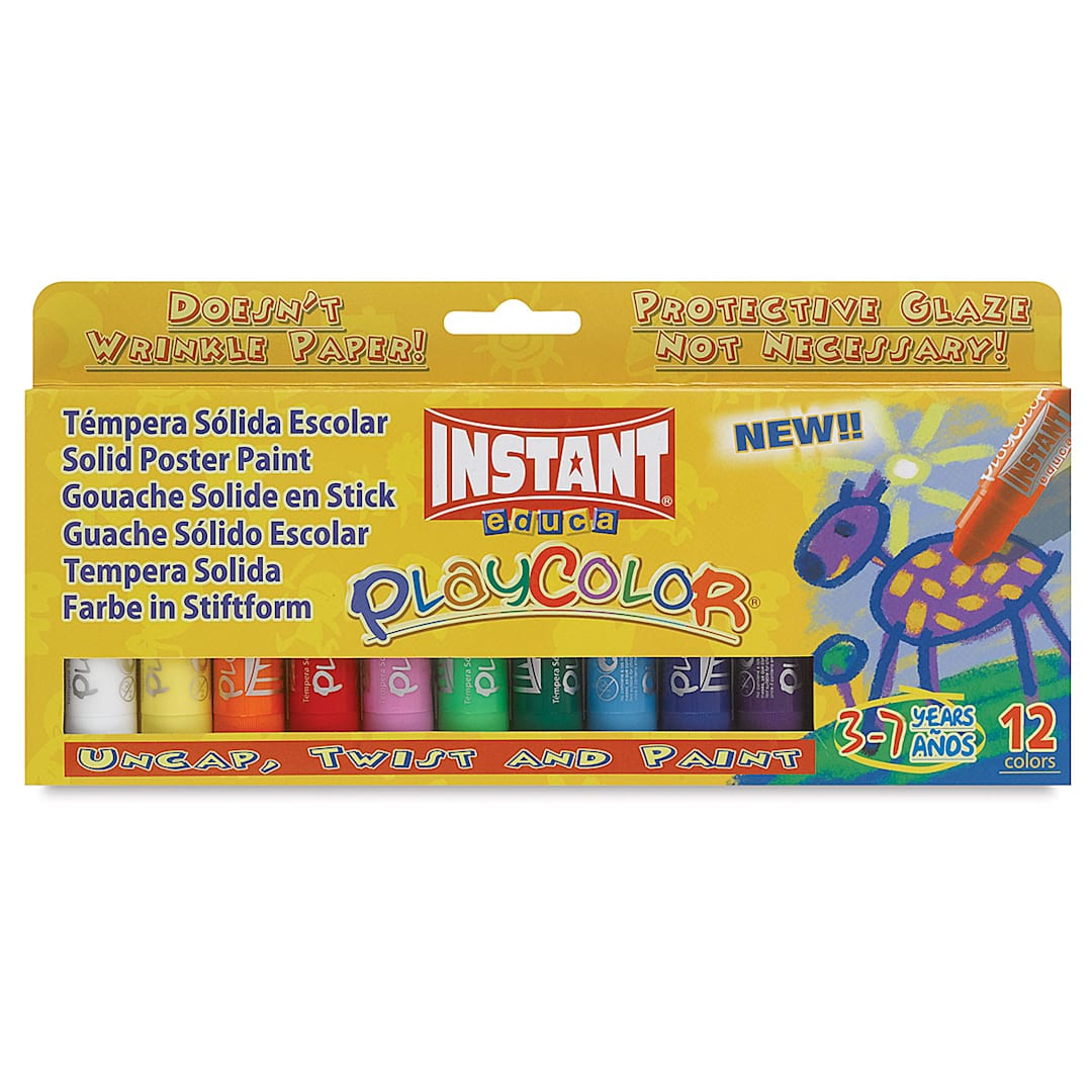 Open in modal - Playcolor Tempera Paint Stick Sets - Front of 12 pc Pocket Size Standard Colors package