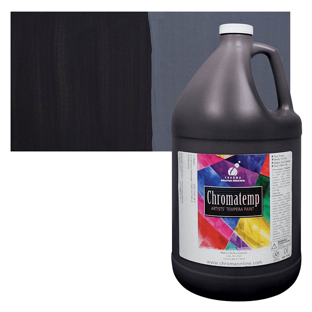 Open in modal - Chroma Chromatemp Artists' Tempera Paint - Black, Gallon bottle and swatch