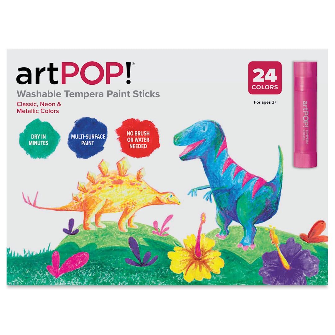Open in modal - artPOP! Washable Tempera Paint Stick Set - Set of 24, Classic, Neon, and Metallic Colors, front of packaging