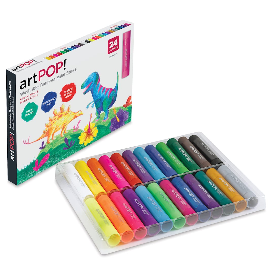 Open in modal - artPOP! Washable Tempera Paint Stick Set - Set of 24, Classic, Neon, and Metallic Colors, contents and packaging