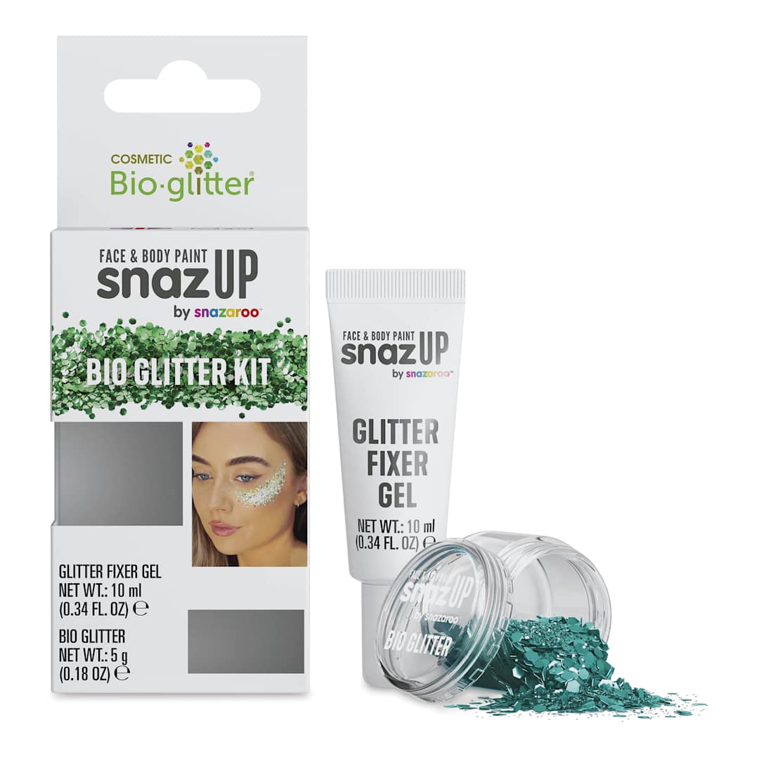 Open in modal - Snazaroo Bio Glitter Kit - Turquoise (Glitter and Fixer Gel next to kit)