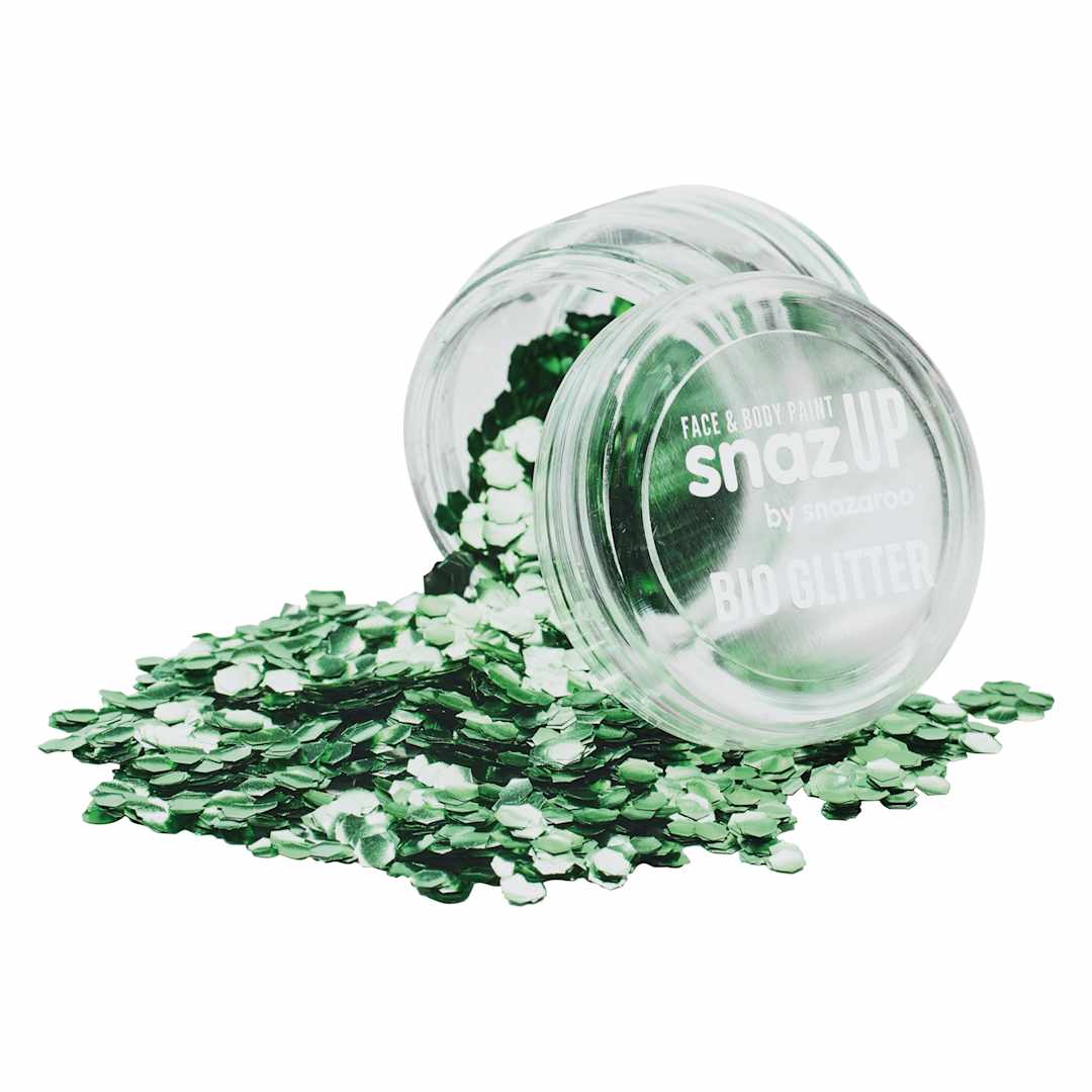 Open in modal - Snazaroo Face & Body Bio Glitter - Green, Chunky, 3 g (Glitter spilling out of jar)