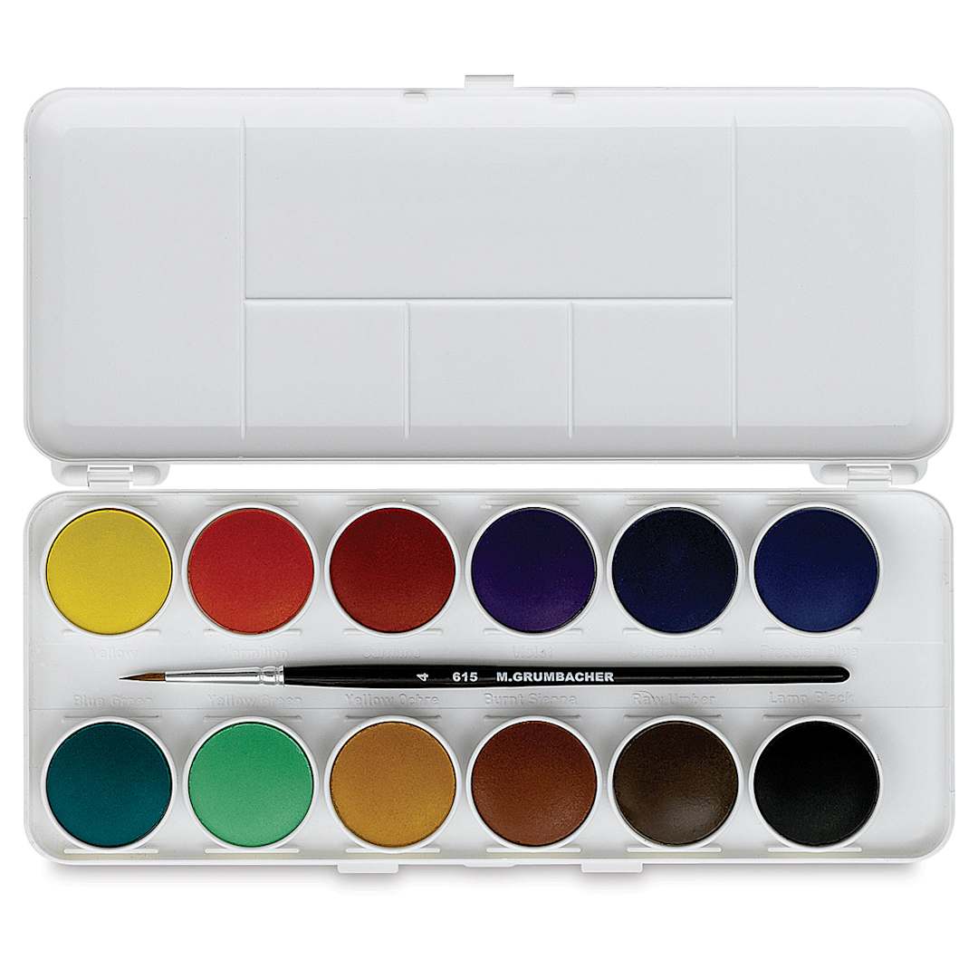 Open in modal - Grumbacher Watercolor Pans - Transparent Pans, 12 Color Set. Lid open to two rows of pans and brush.