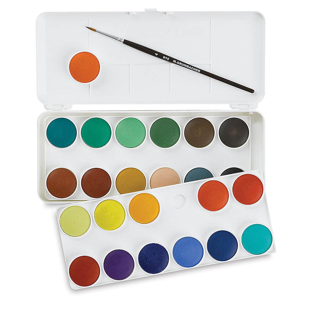 Open in modal - Grumbacher Watercolor Pans - Transparent Pans, 24 Color Set. Lid open to two trays of pans and brush.