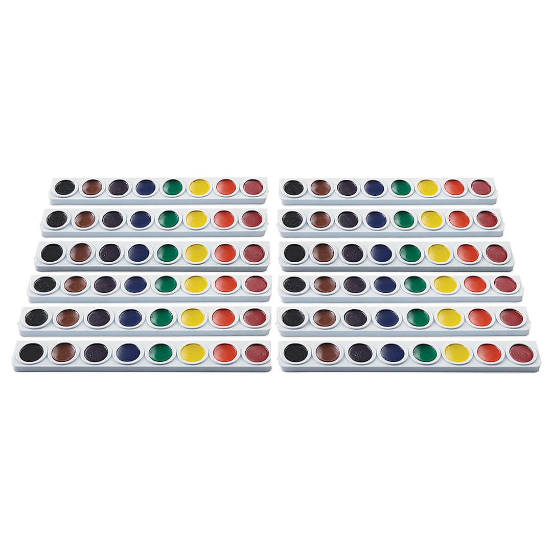 Open in modal - Prang Watercolor Refills - Oval, pkg of 12 Assorted colors, Half Pans, out of packaging