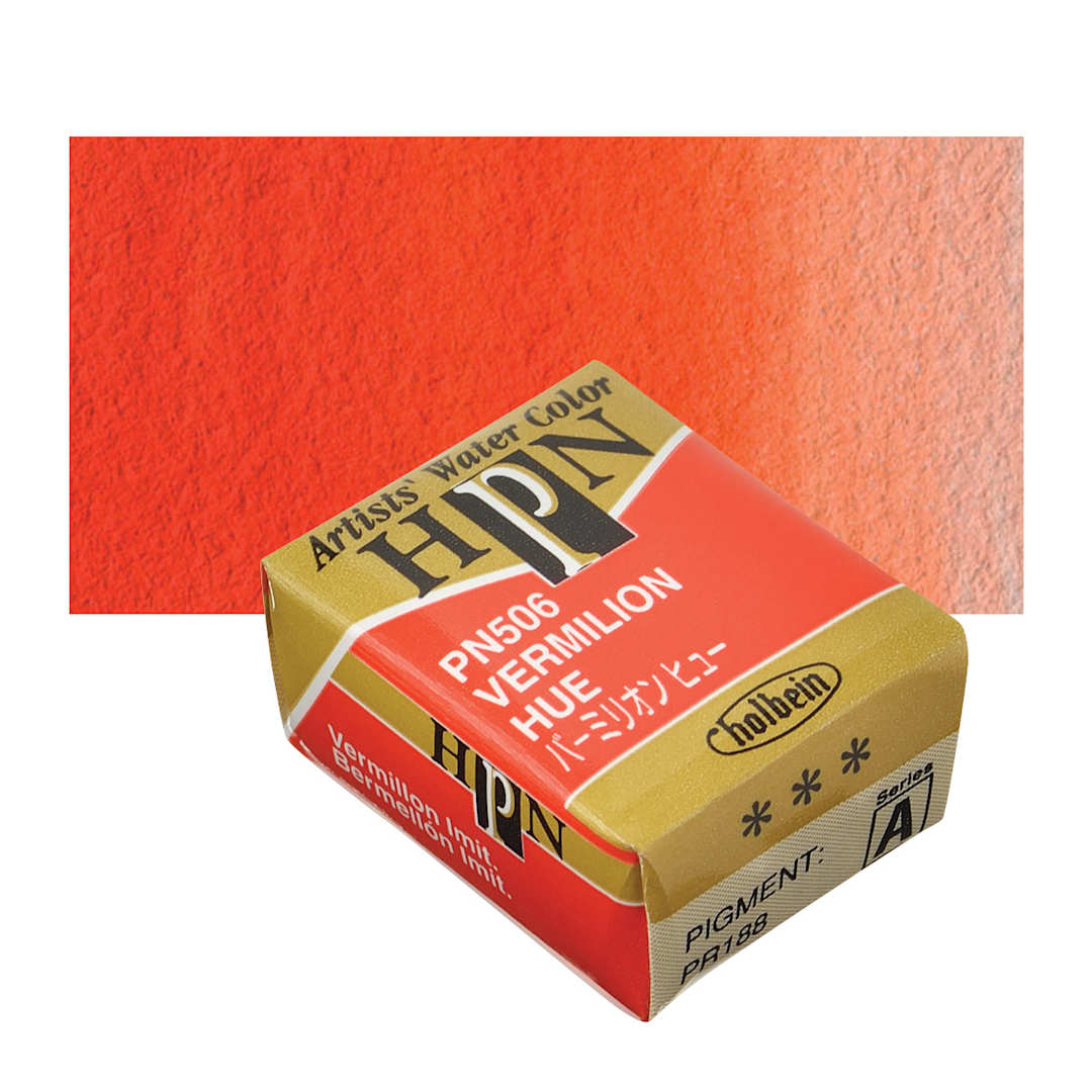 Open in modal - Holbein Artists' Watercolor Half Pan - Vermilion Hue and swatch