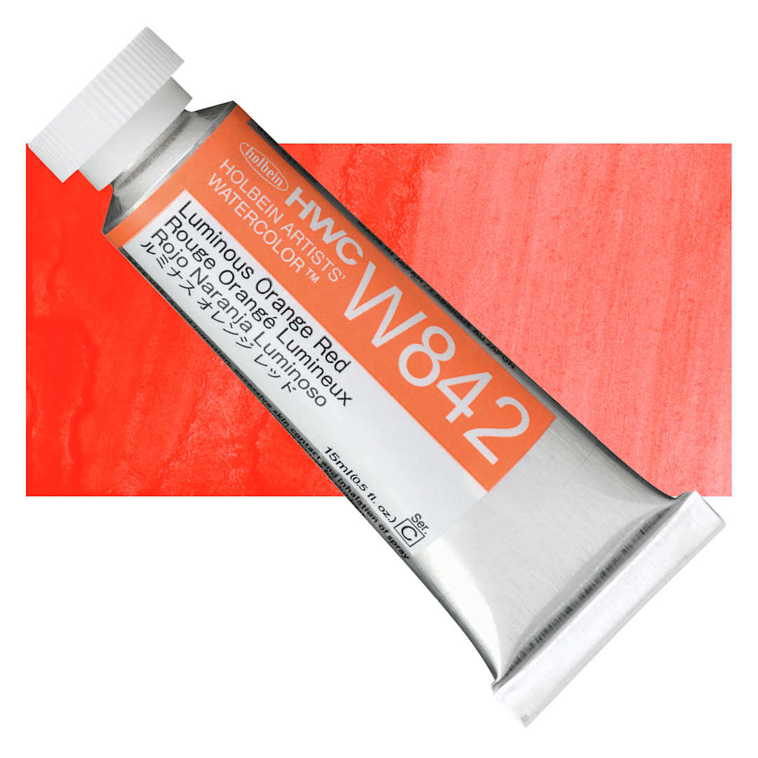 Open in modal - Holbein Artists' Watercolor - Luminous Orange Red, 15 ml Tube and swatch