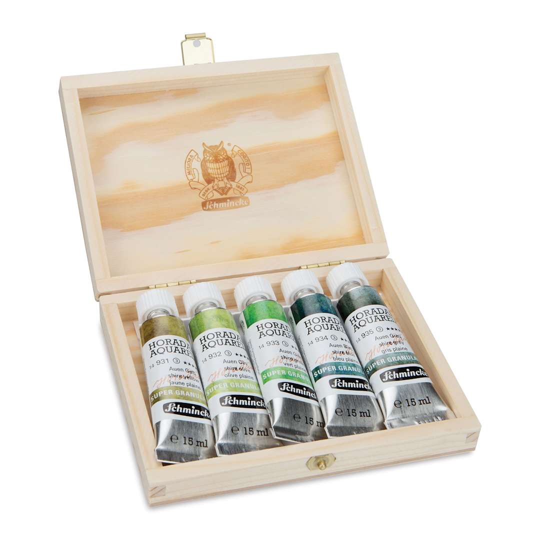 Open in modal - Schmincke Horadam Aquarell Artist Watercolor - Shire, Supergranulation, Wood Box, Set of 5, 15 ml, Tubes (Tubes in case, Lid open)