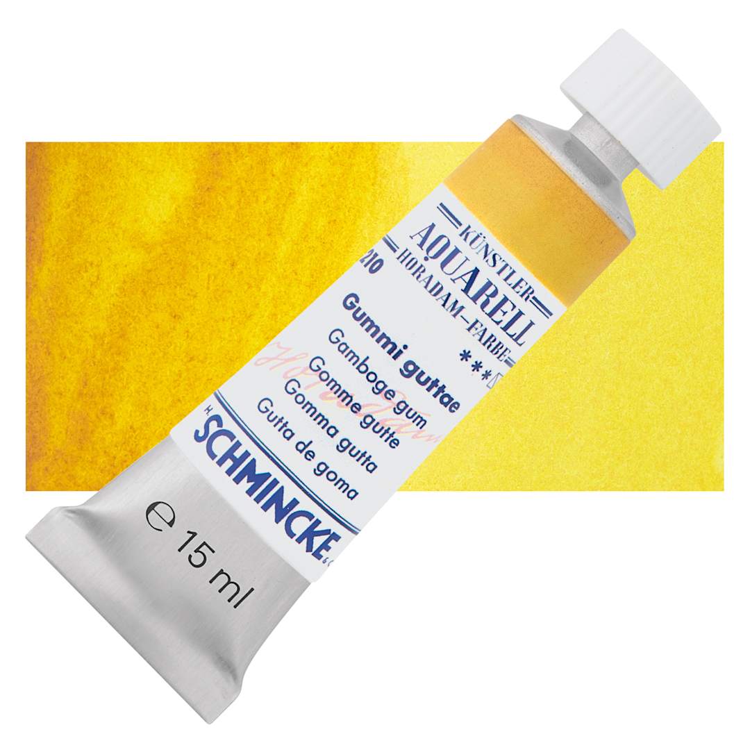 Open in modal - Schmincke Horadam Aquarell Artist Watercolor - Gamboge Gum, 15 ml tube and swatch
