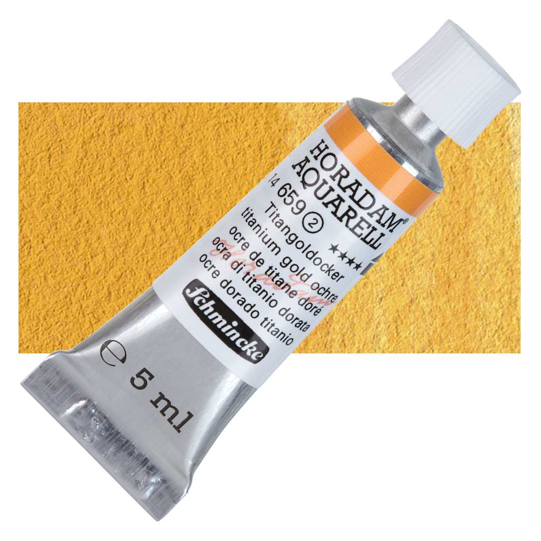 Open in modal - Schmincke Horadam Aquarell Artist Watercolor - Titanium Gold Ochre, 5 ml tube and swatch