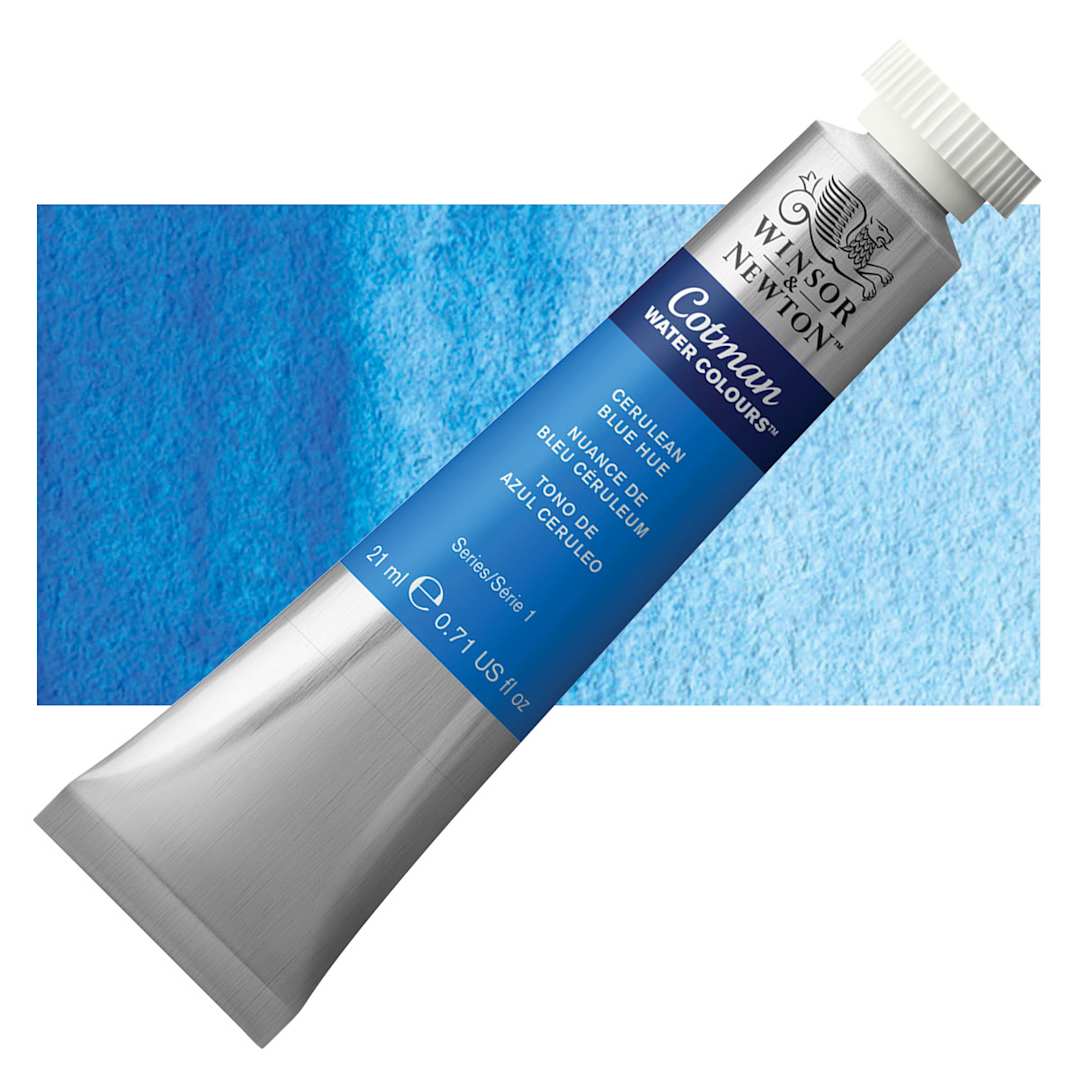 Open in modal - Winsor & Newton Cotman Watercolor - Cerulean Blue Hue, 21 ml tube and swatch