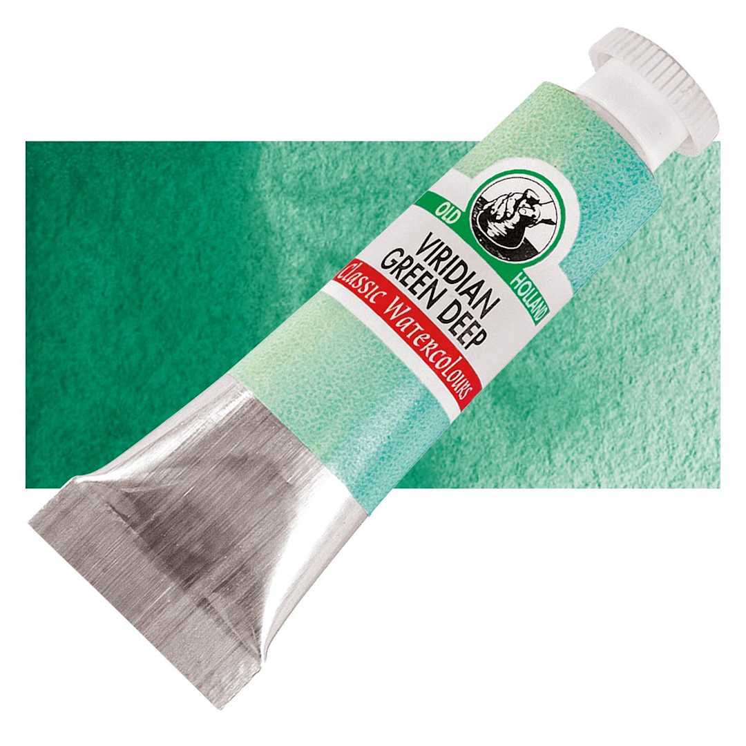 Open in modal - Old Holland Classic Artist Watercolor - Viridian Green Deep, 6 ml tube and swatch