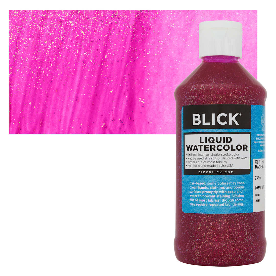 Open in modal - Blick Liquid Watercolors - Glitter Magenta, 8 oz bottle and swatch