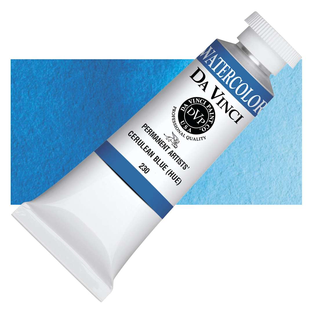 Open in modal - Da Vinci Artists' Permanent Watercolor - Cerulean Blue Hue, 37 ml tube and swatch