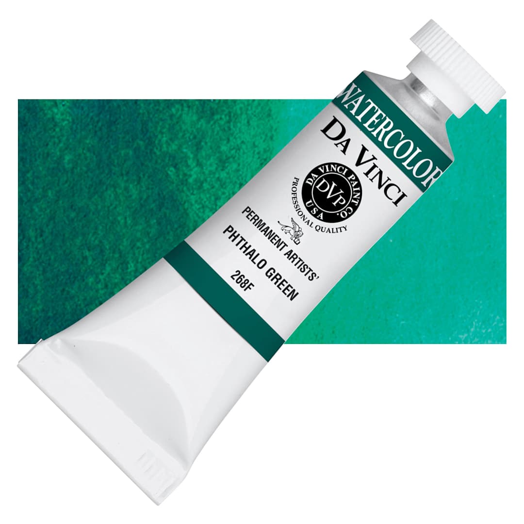 Open in modal - Da Vinci Artists' Permanent Watercolor - Phthalo Green, 15 ml tube and swatch