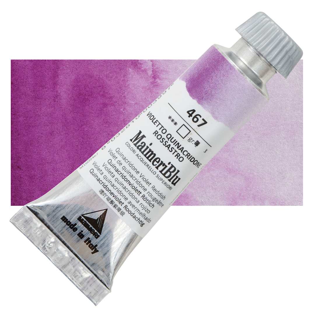 Open in modal - Maimeri Blu Artist Watercolor - Quinacridone Violet Reddish, 12 ml Tube and swatch