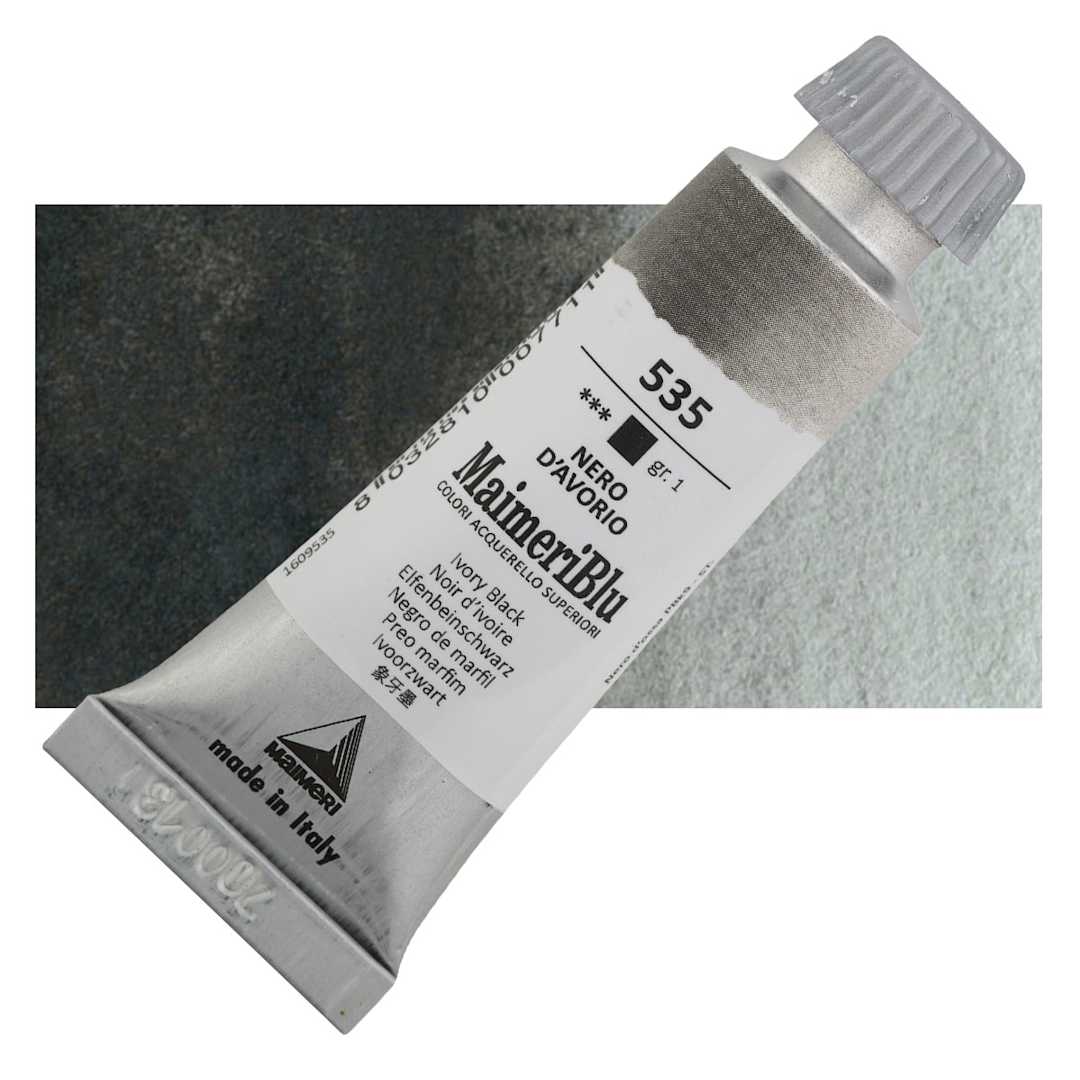Open in modal - Maimeri Blu Artist Watercolor - Ivory Black, 12 ml Tube and swatch