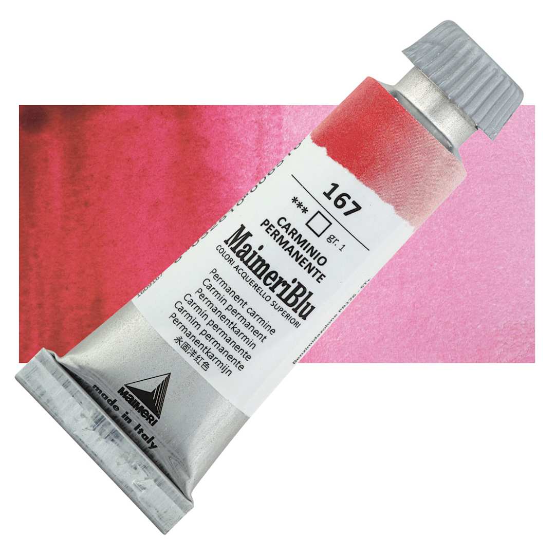 Open in modal - Maimeri Blu Artist Watercolor - Permanent Carmine, 12 ml Tube and swatch