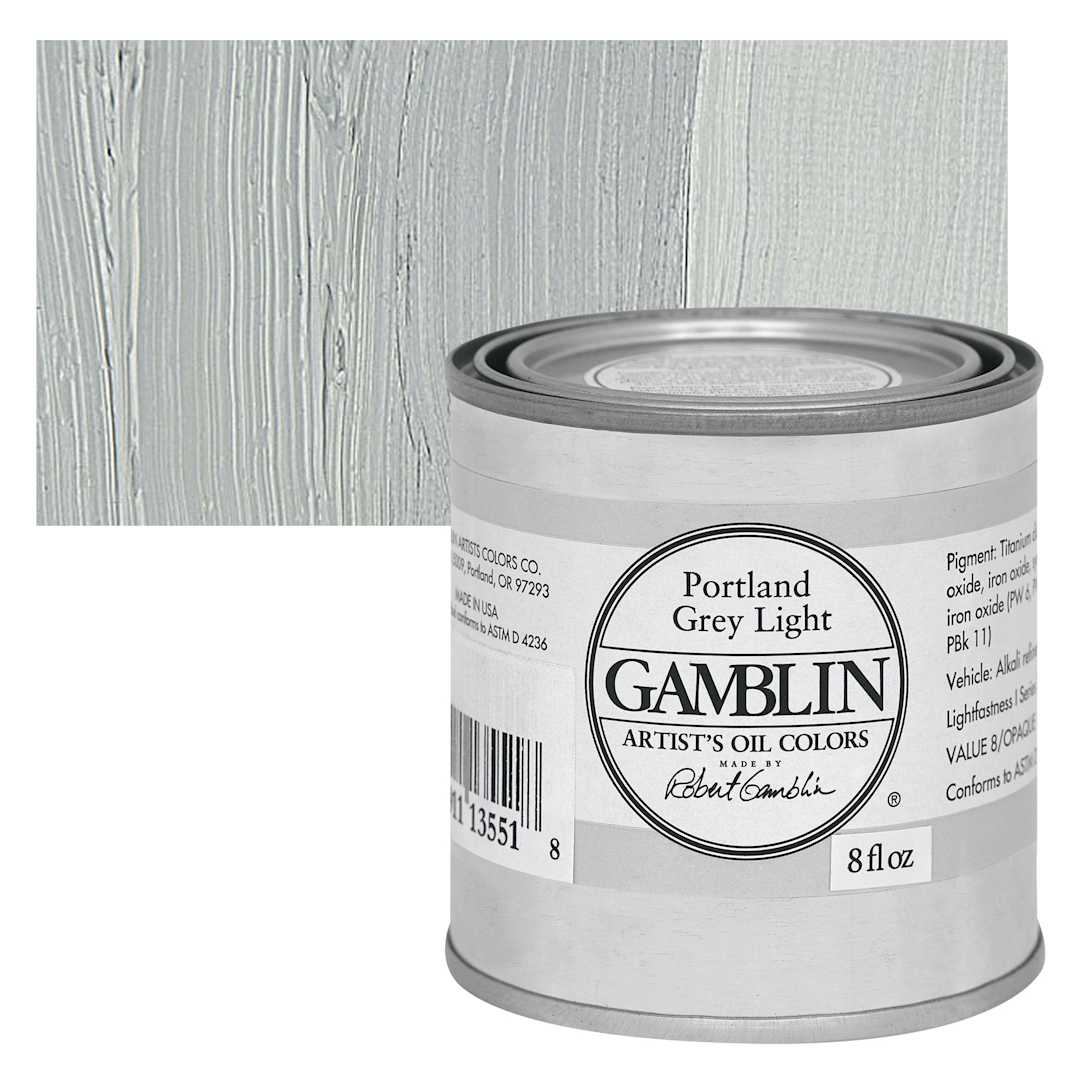 Open in modal - Gamblin Artist's Oil Color - Portland Grey Light, 8 oz Can and swatch