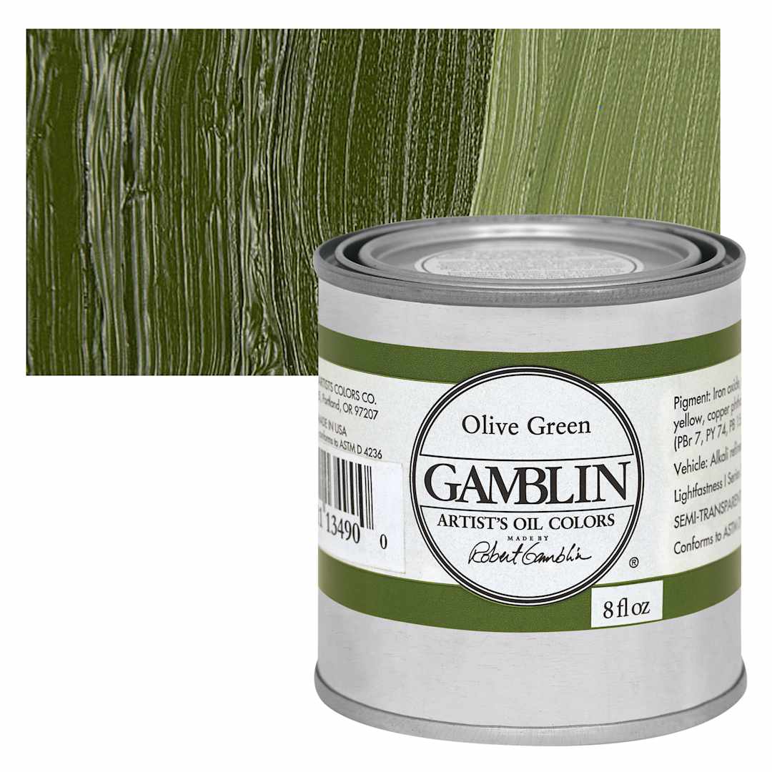 Open in modal - Gamblin Artist's Oil Color - Olive Green, 8 oz Can and swatch