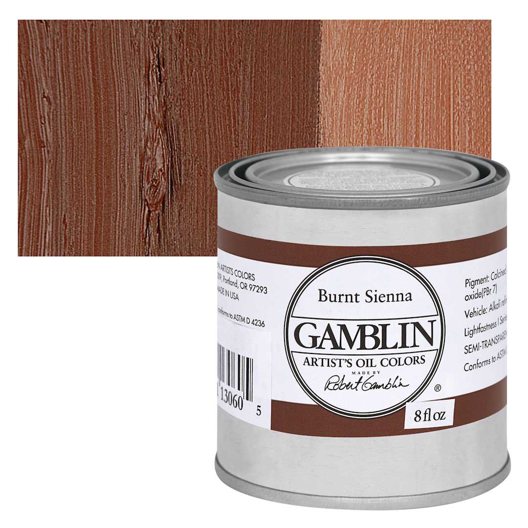 Open in modal - Gamblin Artist's Oil Color - Burnt Sienna, 8 oz Can and swatch