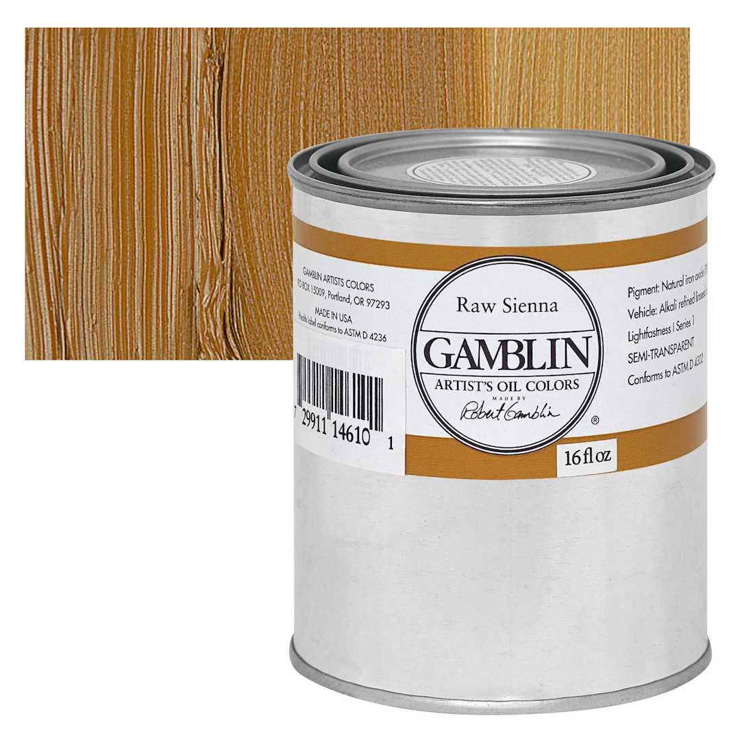 Open in modal - Gamblin Artist's Oil Color - Raw Sienna, 16 oz Can and swatch
