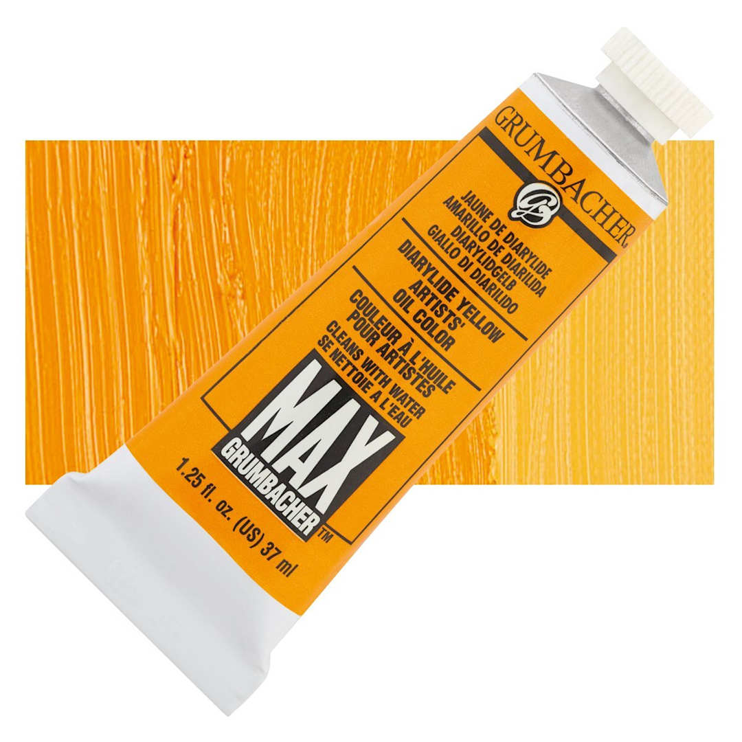 Open in modal - Grumbacher Max Artists' Water Miscible Oil Color - Diarylide Yellow, 37 ml tube and swatch