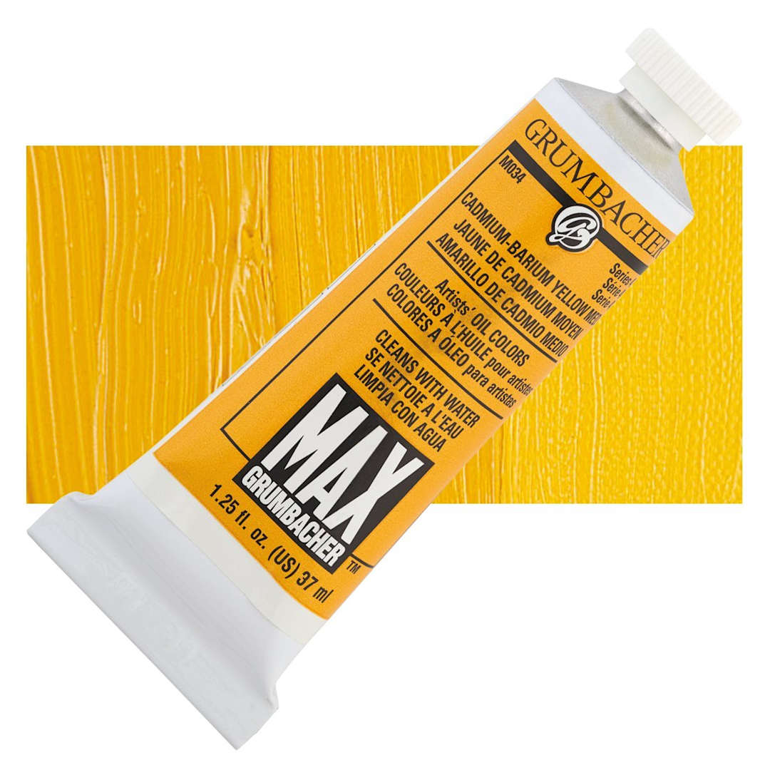 Open in modal - Grumbacher Max Artists' Water Miscible Oil Color - Cadmium-Barium Yellow Orange, 37 ml tube and swatch
