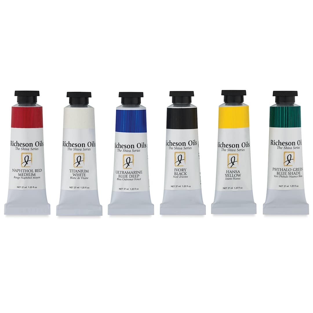 Open in modal - Richeson Shiva Oil Paint Sets - Components of Basic 6 pc Set shown upright