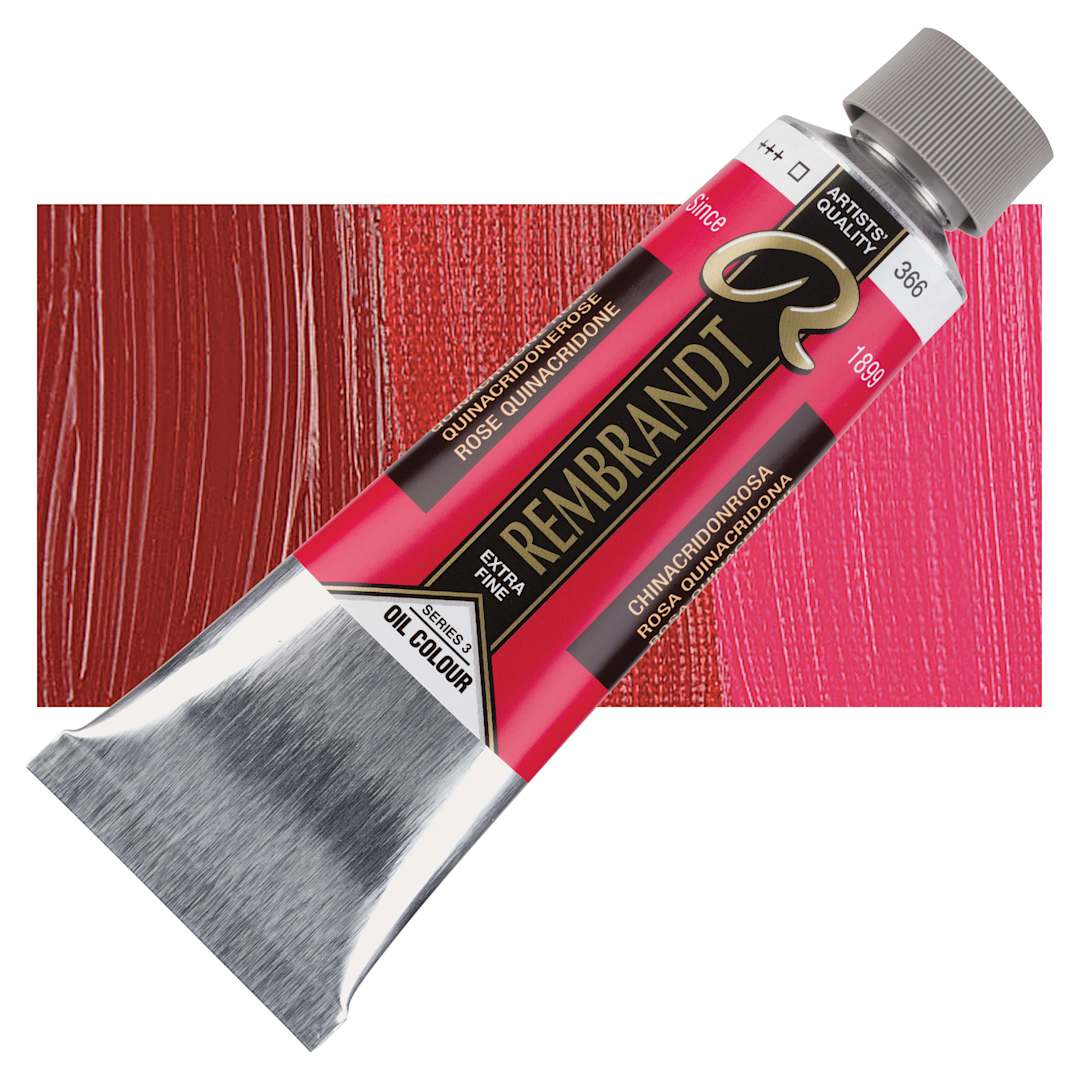 Open in modal - Rembrandt Artists' Oil Color - Quinacridone Rose, 150 ml tube and swatch
