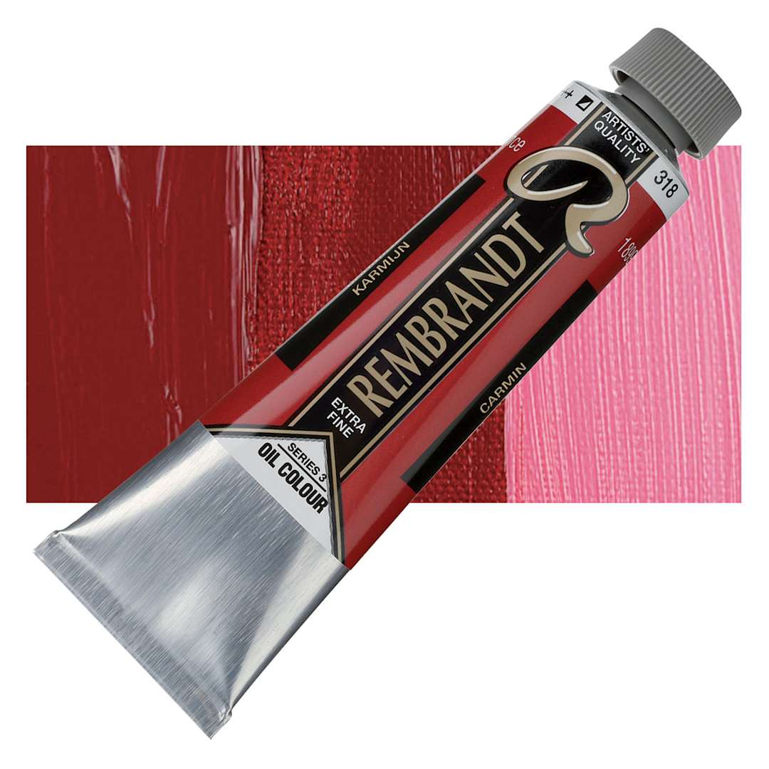 Open in modal - Rembrandt Artists' Oil Color - Carmine, 40 ml tube and swatch