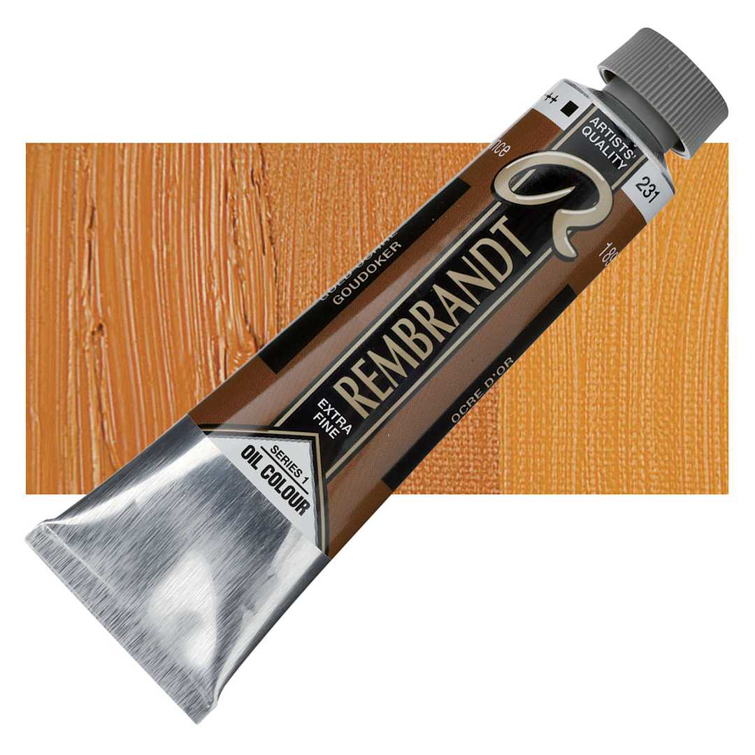 Open in modal - Rembrandt Artists' Oil Color - Gold Ochre, 40 ml tube and swatch