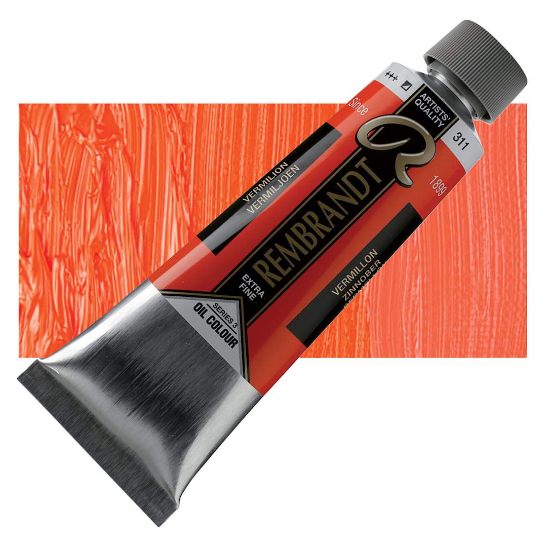 Open in modal - Rembrandt Artists' Oil Color - Permanent Vermilion, 150 ml tube and swatch