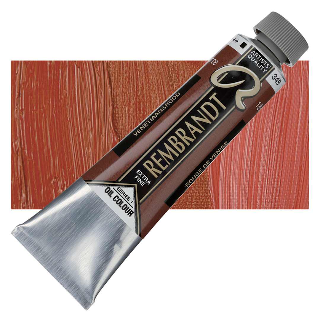 Open in modal - Rembrandt Artists' Oil Color - Venetian Red, 40 ml tube and swatch