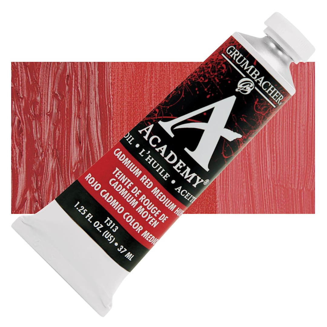 Open in modal - Grumbacher Academy Oil Color - Cadmium Red Medium Hue, 37 ml tube and swatch