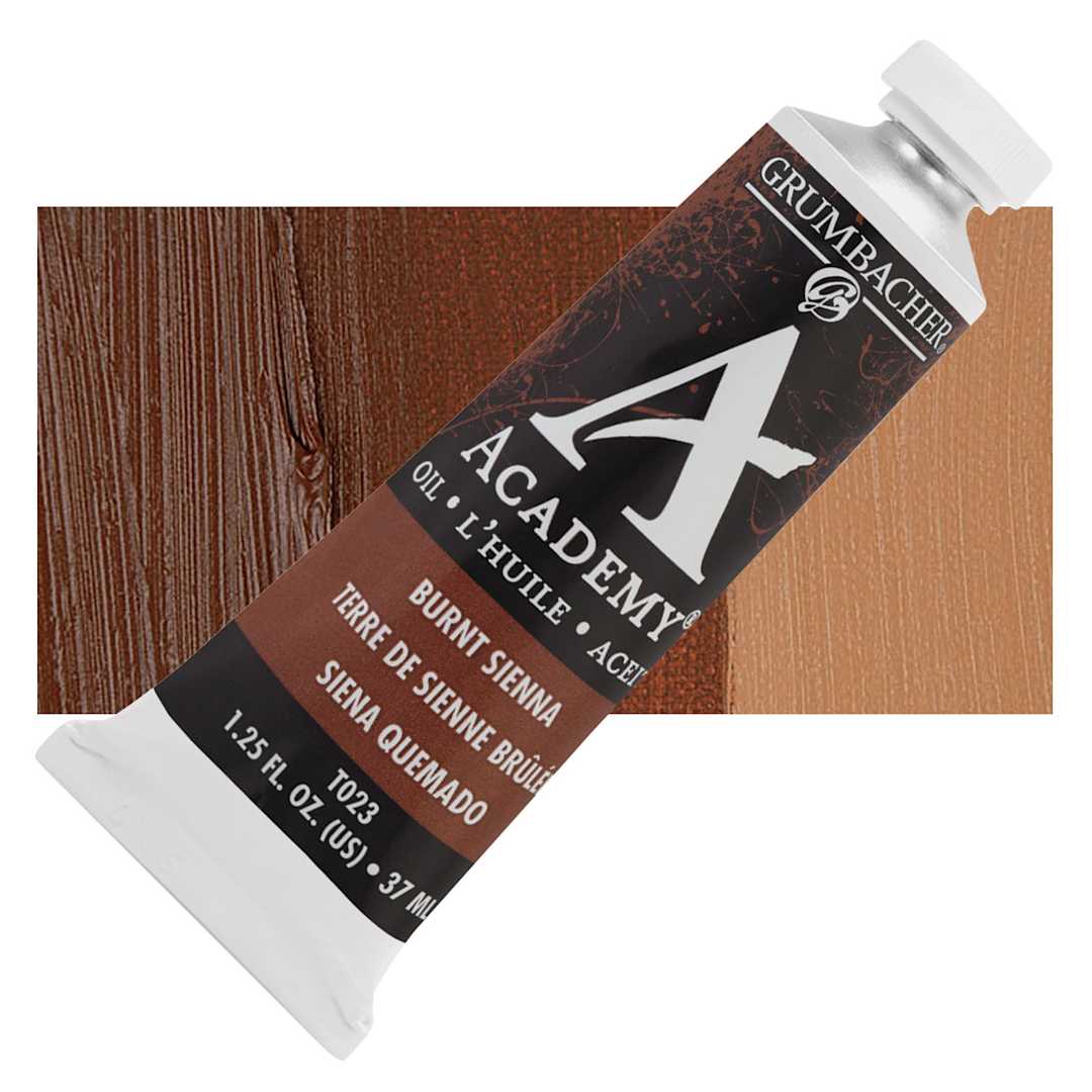 Open in modal - Grumbacher Academy Oil Color - Burnt Sienna, 37 ml tube and swatch
