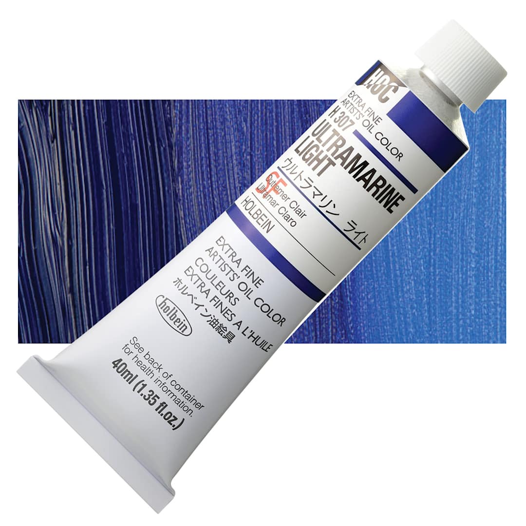 Open in modal - Holbein Artists' Oil Color - Ultramarine Light, 40 ml tube and swatch