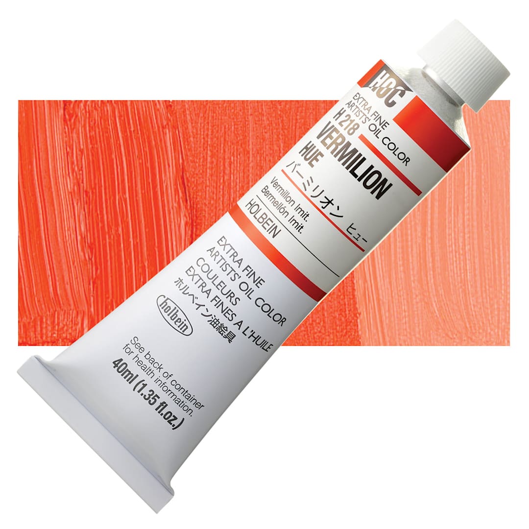 Open in modal - Holbein Artists' Oil Color - Vermilion Hue, 40 ml tube and swatch