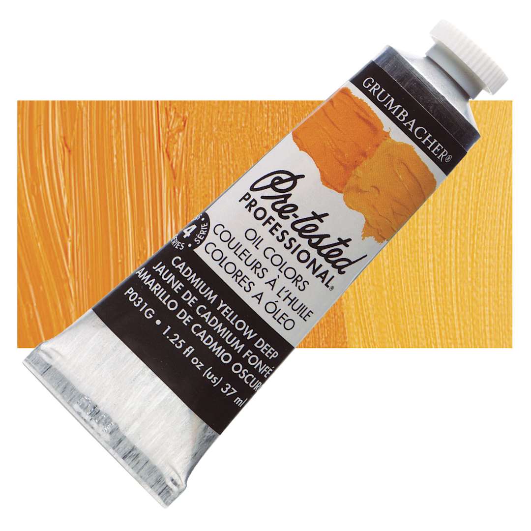 Open in modal - Grumbacher Pre-Tested Artists' Oil Color - Cadmium Yellow Deep, 1.25 oz tube and swatch
