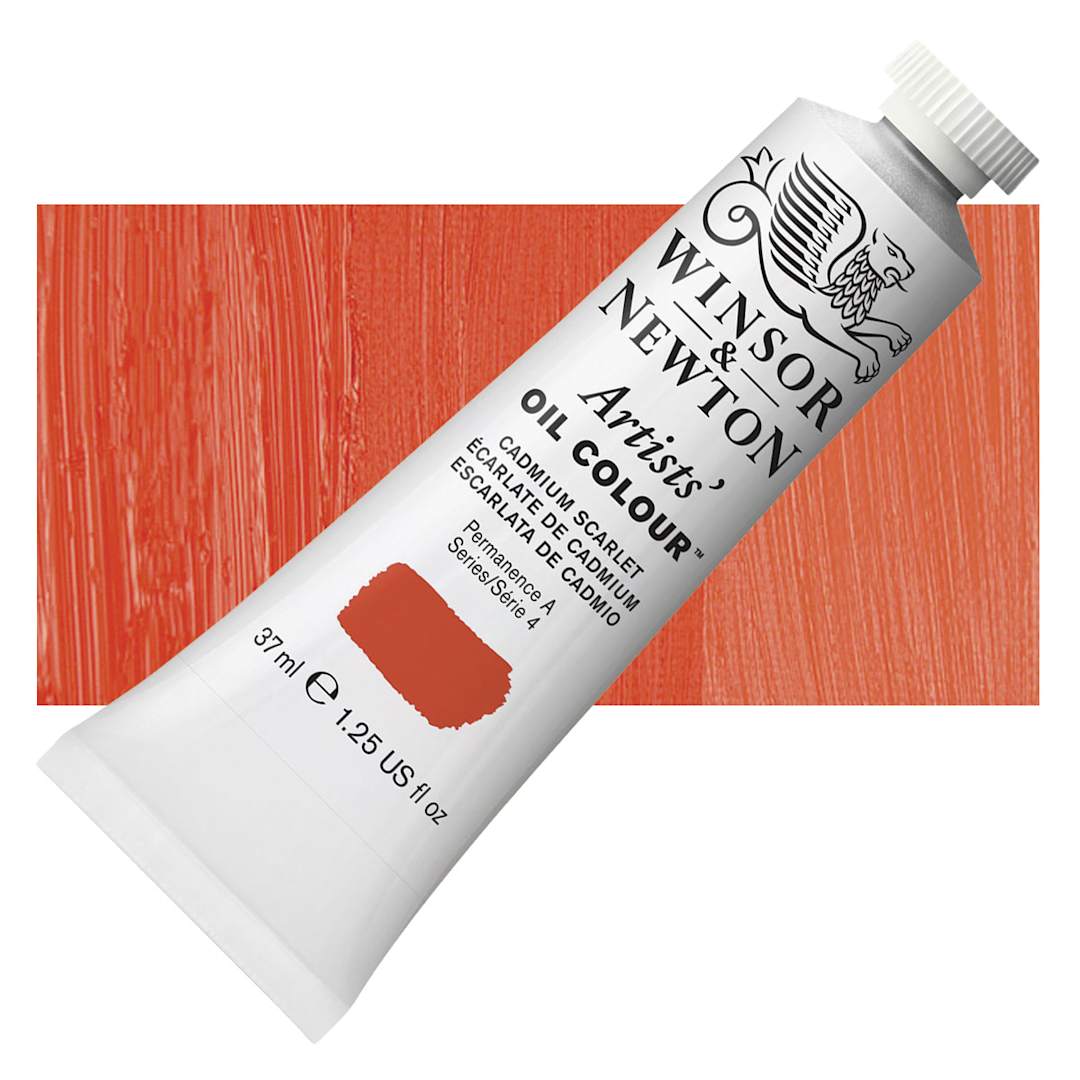 Open in modal - Winsor & Newton Artists' Oil Color - Cadmium Scarlet, 37 ml tube and swatch