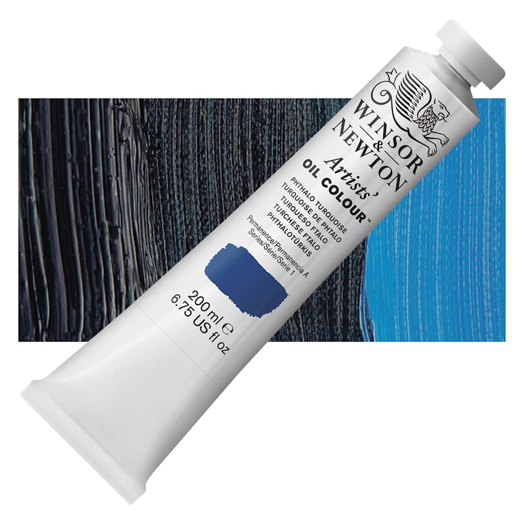 Open in modal - Winsor & Newton Artists' Oil Color - Phthalo Turquoise, 200 ml tube and swatch