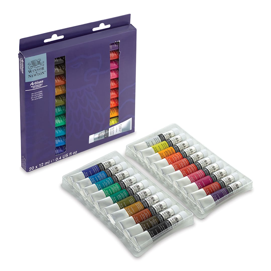 Open in modal - Winsor & Newton Artisan Water Mixable Oil Paint - 20 12ml Tubes shown in 2 trays with package