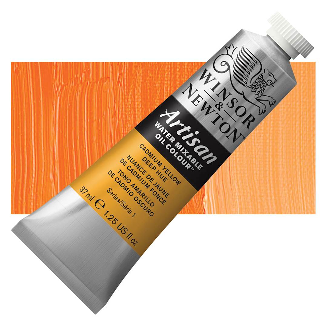 Open in modal - Winsor & Newton Artisan Water Mixable Oil Paint - Cadmium Yellow Deep Hue, 37 ml tube and swatch