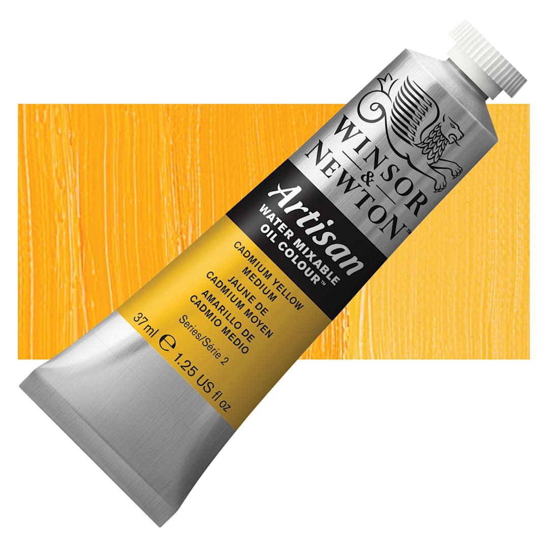 Open in modal - Winsor & Newton Artisan Water Mixable Oil Paint - Cadmium Yellow Medium, 37 ml tube and swatch