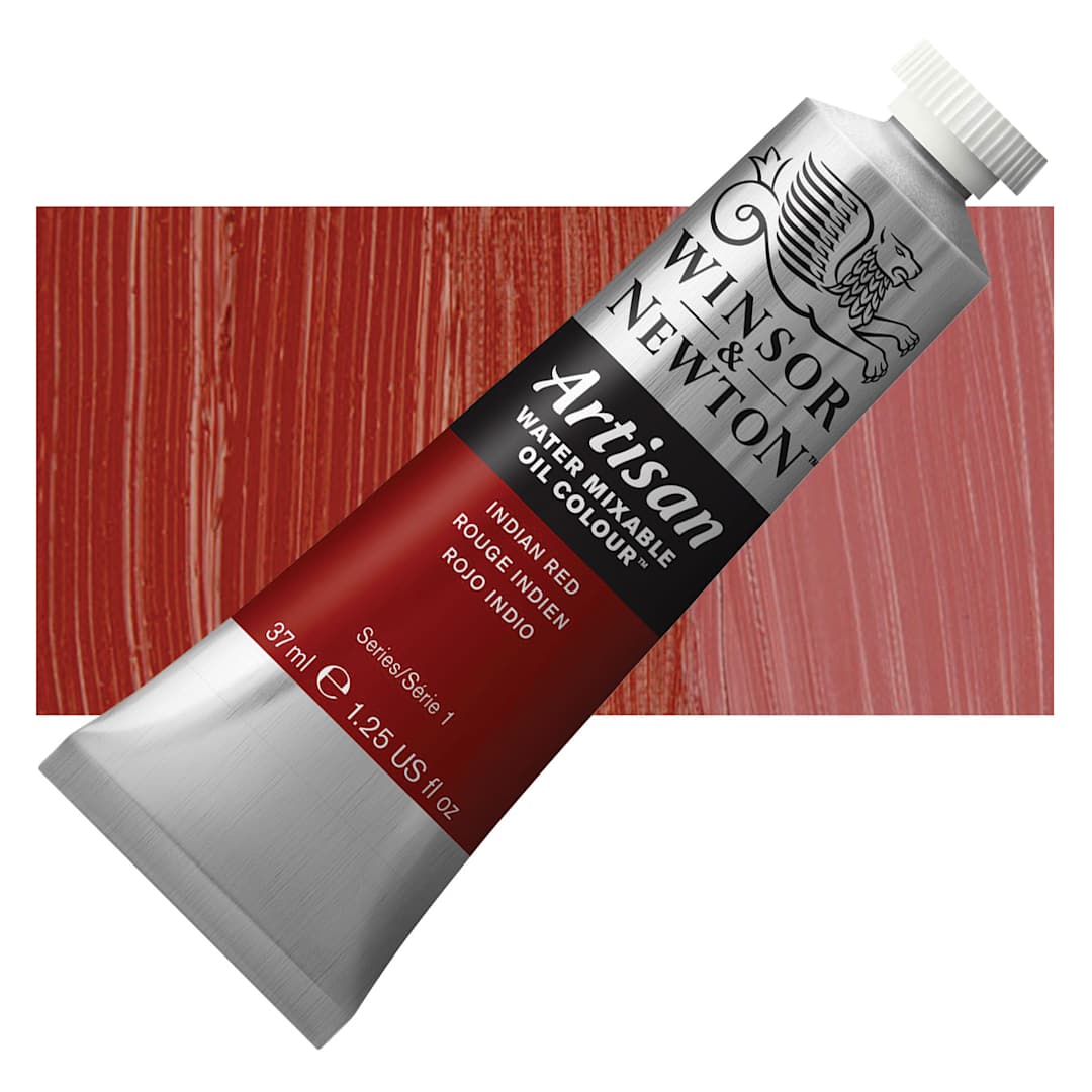 Open in modal - Winsor & Newton Artisan Water Mixable Oil Paint - Indian Red, 37 ml tube and swatch