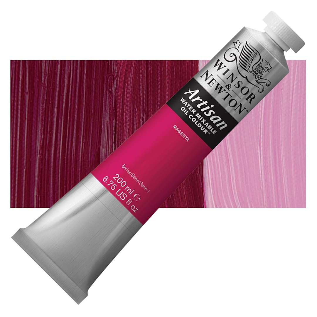Open in modal - Winsor & Newton Artisan Water Mixable Oil Paint - Magenta, 200 ml tube and swatch