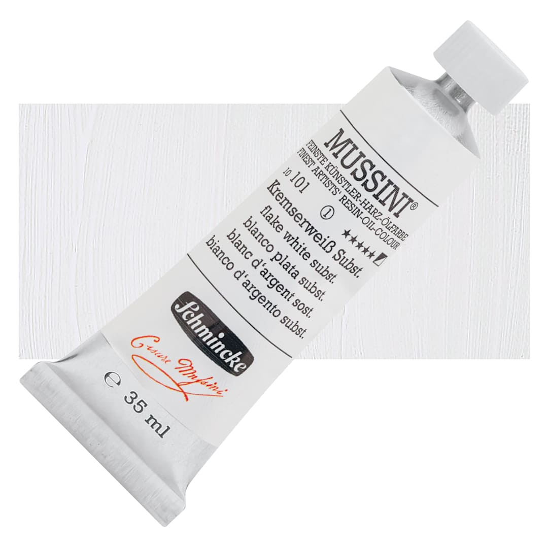Open in modal - Schmincke Mussini Oil Color - Flake White Subst., 35 ml tube and swatch